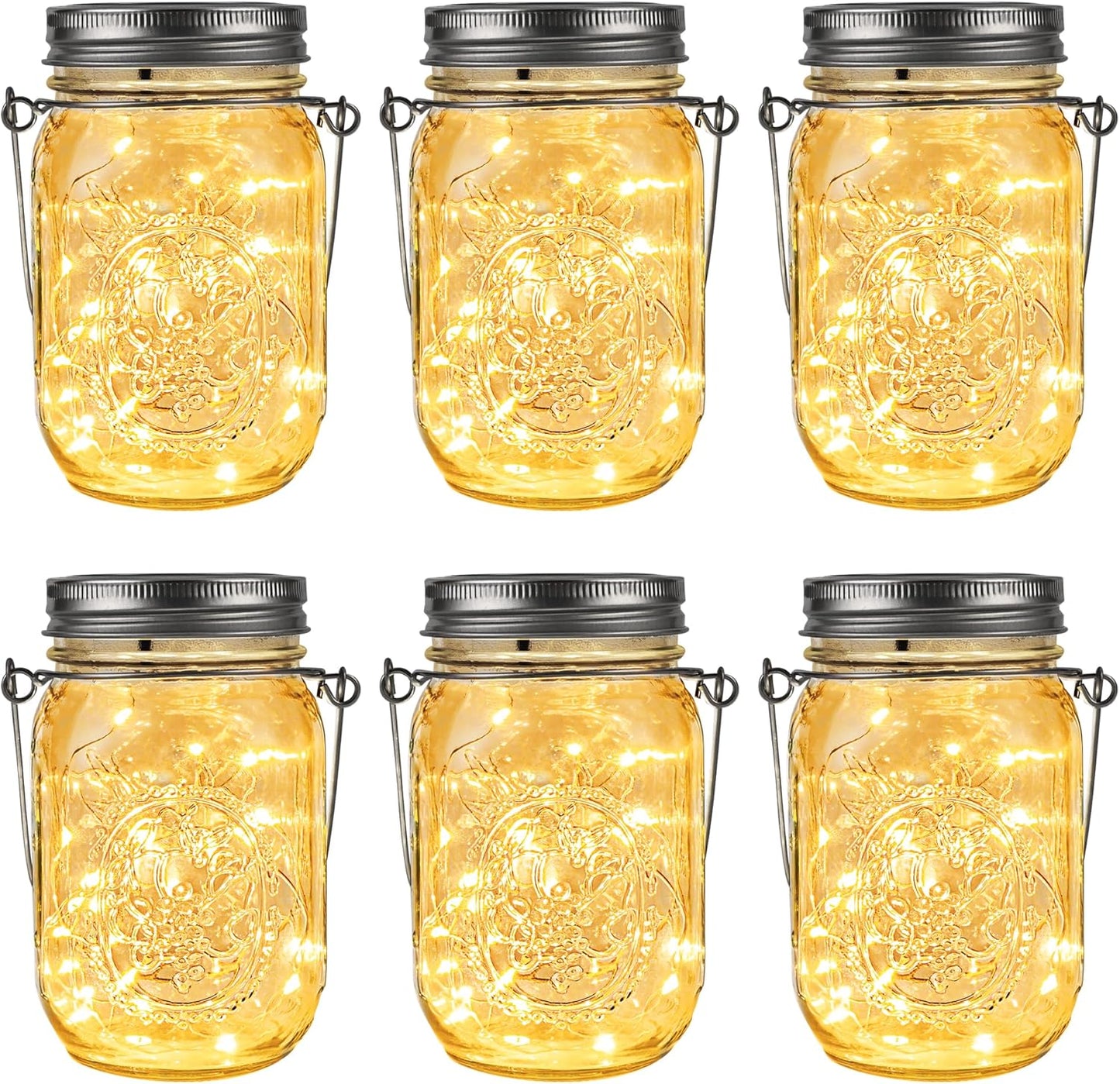 GIGALUMI Hanging Mason Jar Solar Lights, 6 Pack 30 Led Tinplate Lids Hanging Solar Lanterns Outdoor