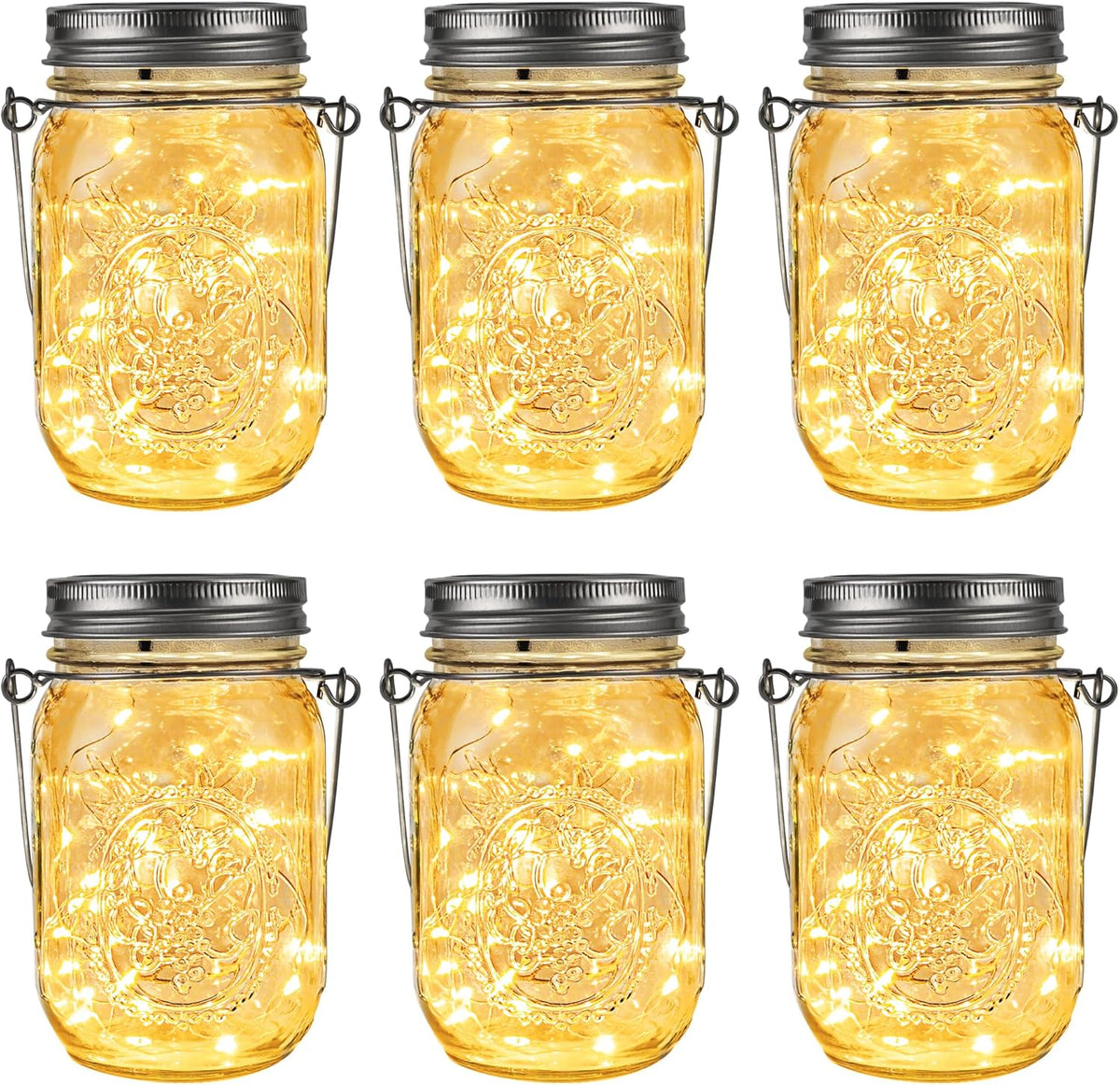 GIGALUMI Hanging Mason Jar Solar Lights, 6 Pack 30 Led Tinplate Lids Hanging Solar Lanterns Outdoor