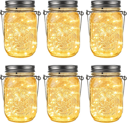 GIGALUMI Hanging Mason Jar Solar Lights, 6 Pack 30 Led Tinplate Lids Hanging Solar Lanterns Outdoor