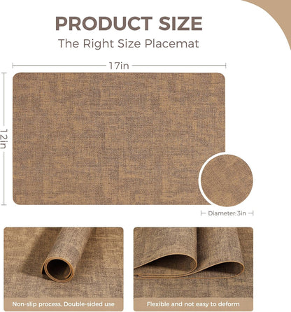 Vinyl Placemats Set of 6, Faux Leather Waterproof and Heat Resistant Place Mats, Washable Anti-Slip