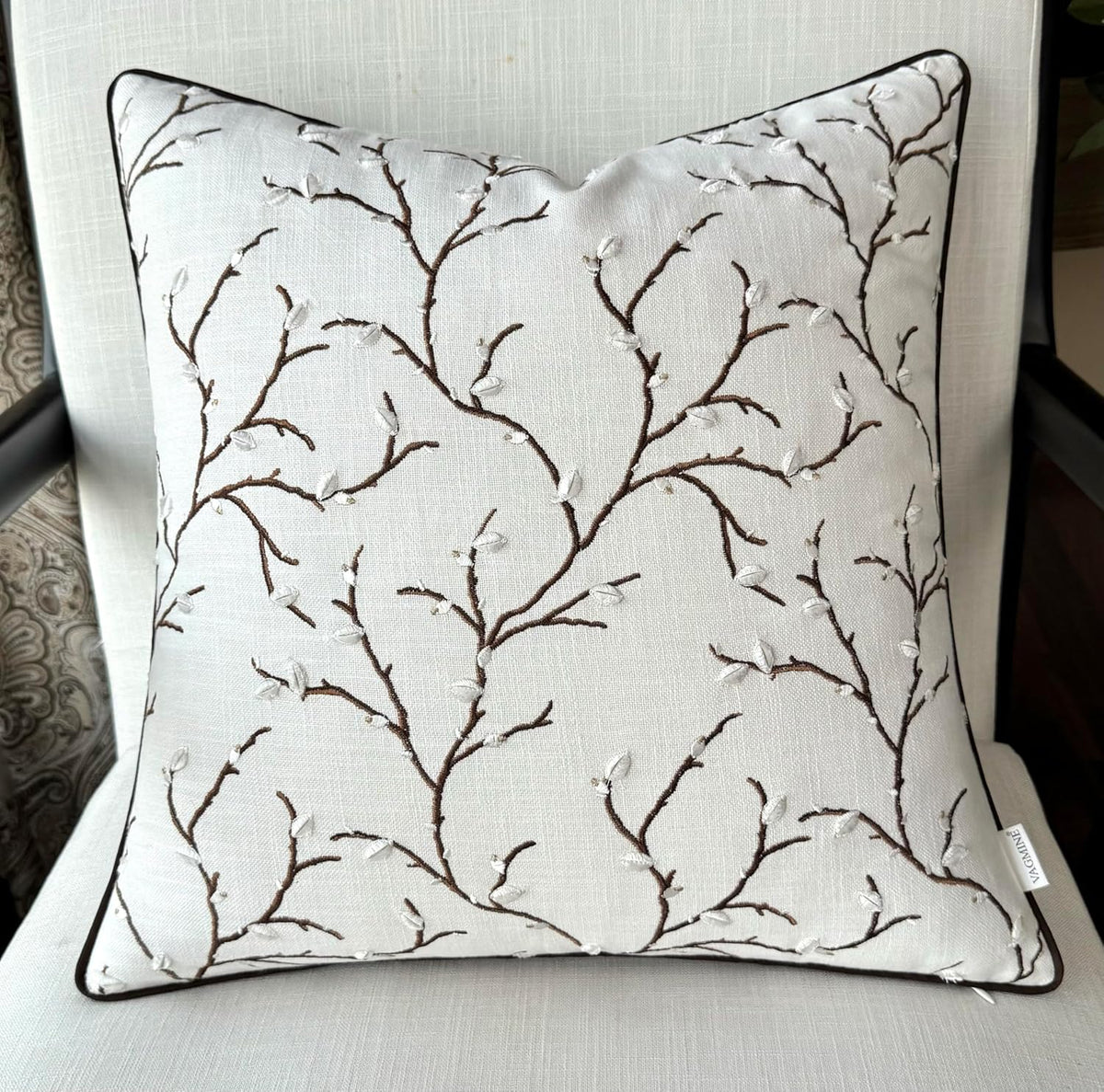 VAGMINE Embroidered Pussy Willow Throw Pillow Cover - 18x18 Inches Square - 100% Cotton Ivory