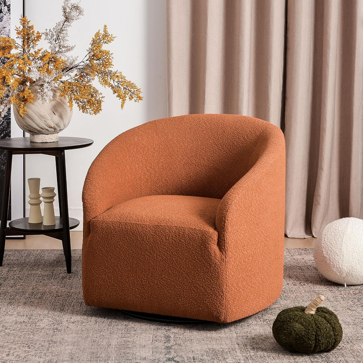 KINWELL 32" Wide Swivel Boucle Accent Chair Armchair, No Assembly Mid-Century Modern Round