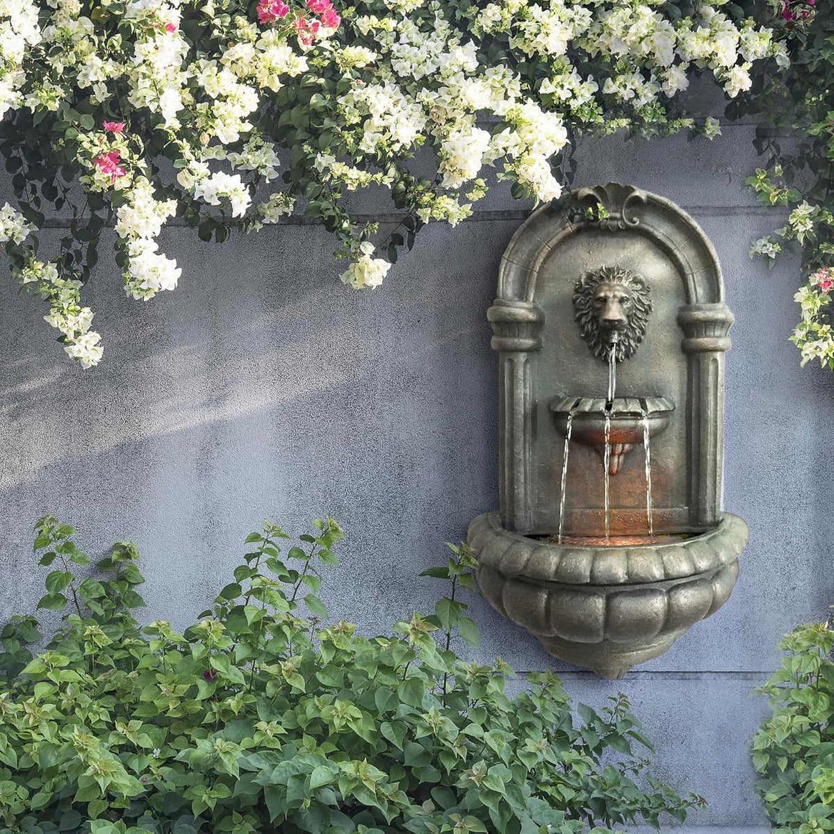 Teamson Home 32.1 in. Wall-Mounted Lion Head Stone LED Outdoor Water Fountain for Gardens