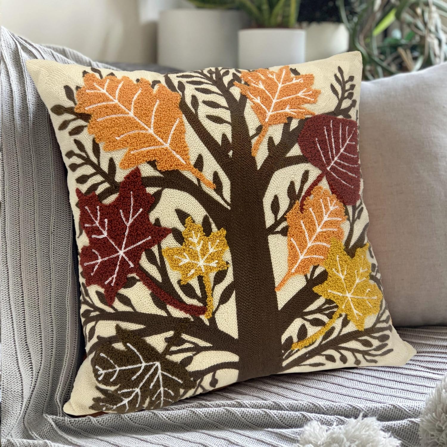 Alysheer Embroidered Fall Decorative Throw Pillow Cover 18"x 18", Boho Farmhouse Cottage Tufted