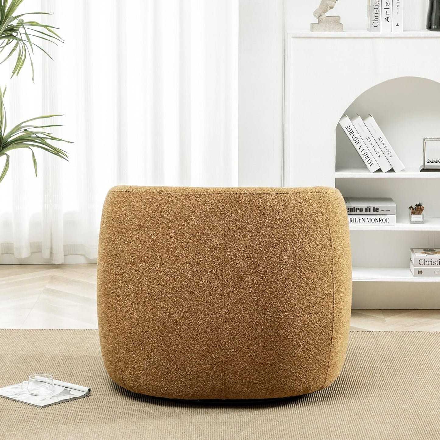 KINWELL 34" Wide Boucle Swivel Barrel Chair, No Assembly Round Upholstered Armchair Accent Chair