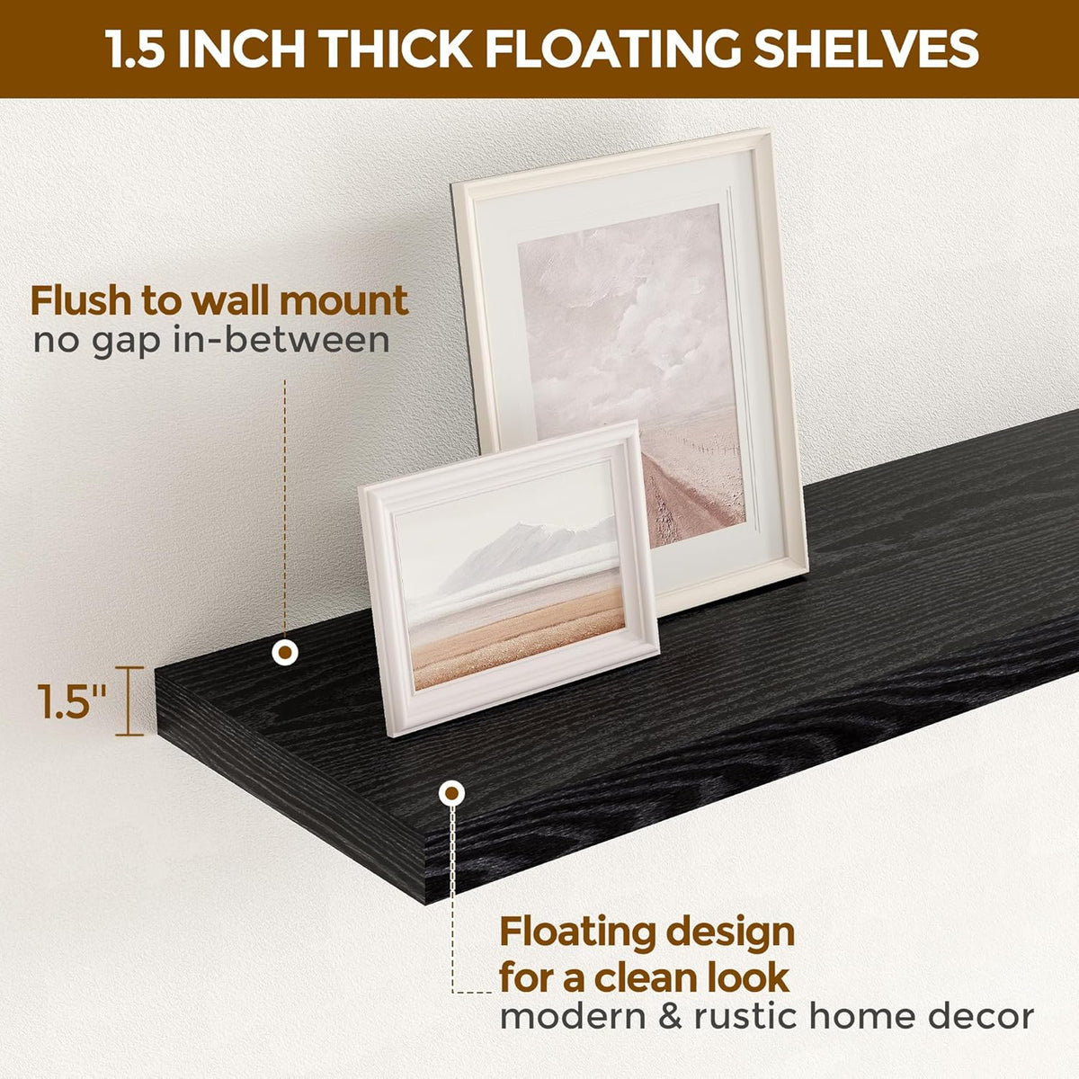 48 Inch Floating Shelves Black, Rustic Wood Floating Shelf Wall Mounted, 9 Inch Deep Floating Shelf