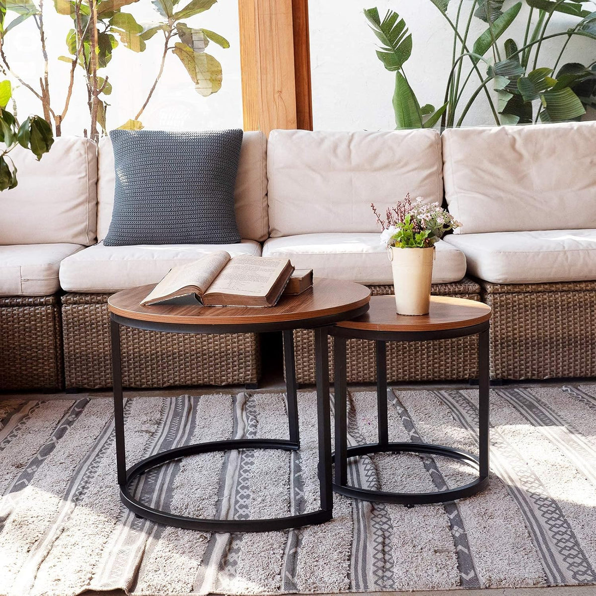 aboxoo Coffee Table Nesting Side Round Set of 2 End Table Top Sturdy Metal Frame Desk Centerpiece