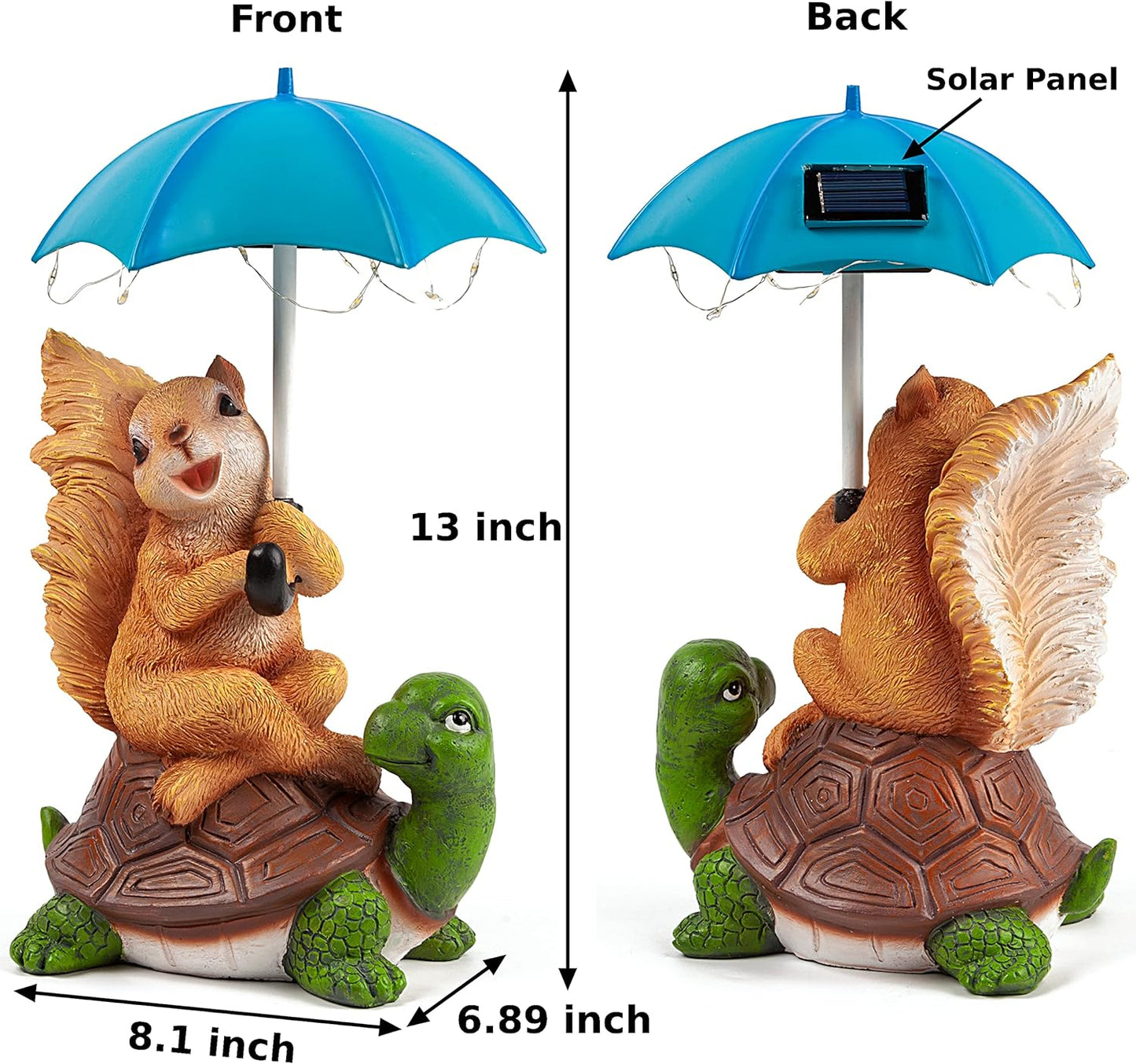 Malister Solar Garden Statue Outdoor Decor - Squirrel Siting on Turtle Statue with String Lights