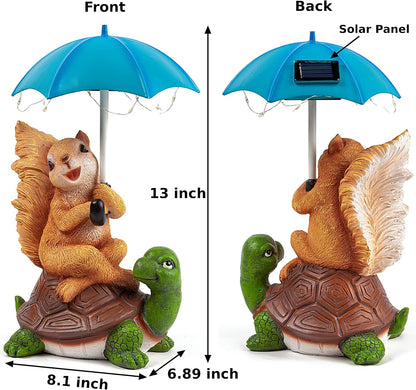 Malister Solar Garden Statue Outdoor Decor - Squirrel Siting on Turtle Statue with String Lights