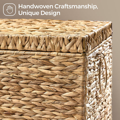 Handwoven Storage Basket with Lid, 165L Wicker Storage Bin, Natural Water Hyacinth, Leather Buckle