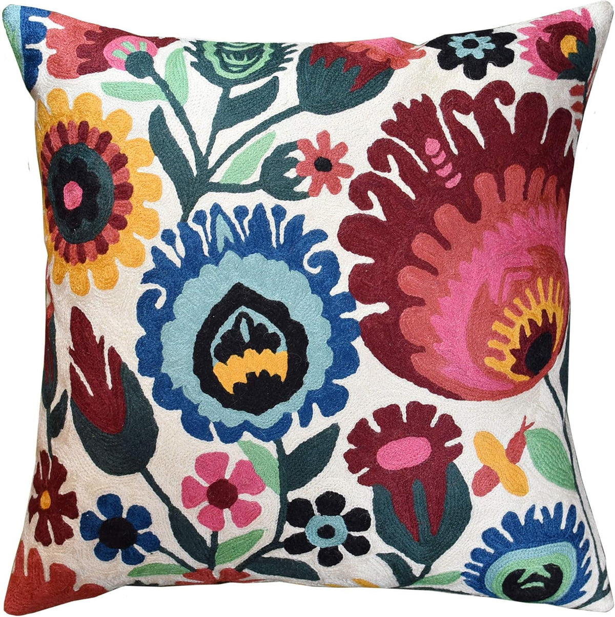 Polish Floral Decorative Pillow Cover Hand Embroidered Cream Flower Pillowcase White Botanical