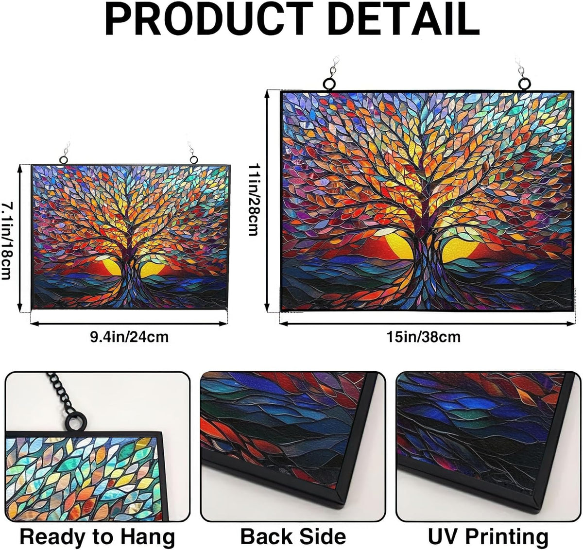Rectangle Tree of Life Stained Glass Window Hanging Window Suncatcher Glass Panel with Metal Chain