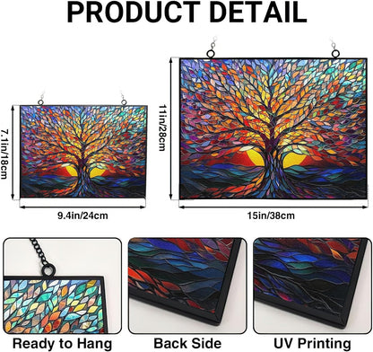 Rectangle Tree of Life Stained Glass Window Hanging, 15" W X 11" H Stained Glass Panel with Chain