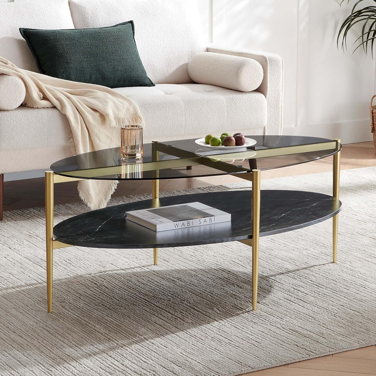 Oval Glass Coffee Table, Mid-Century Modern Design, L43 x W22 x H17 inch, Surfboard Shaped Grey