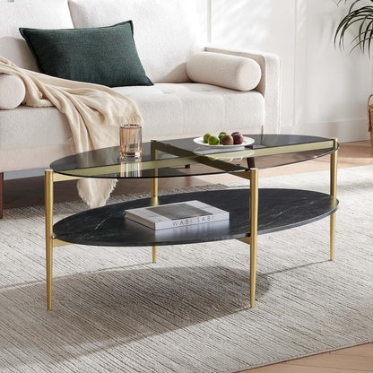 Oval Glass Coffee Table, Mid-Century Modern Design, L43 x W22 x H17 inch, Surfboard Shaped Grey