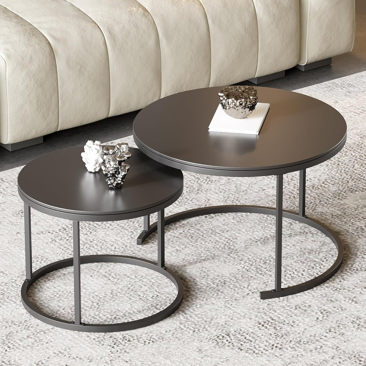Round Nesting Coffee Table, Black Modern Decorative Coffee Center Table Set of 2, Sintered Stone