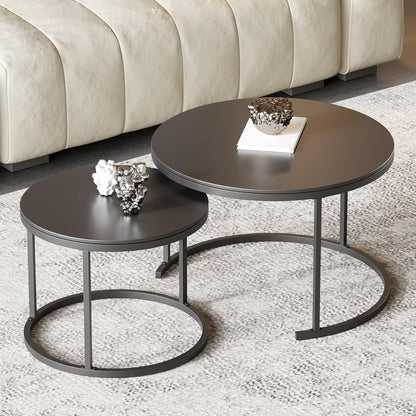 Round Nesting Coffee Table, Black Modern Decorative Coffee Center Table Set of 2, Sintered Stone