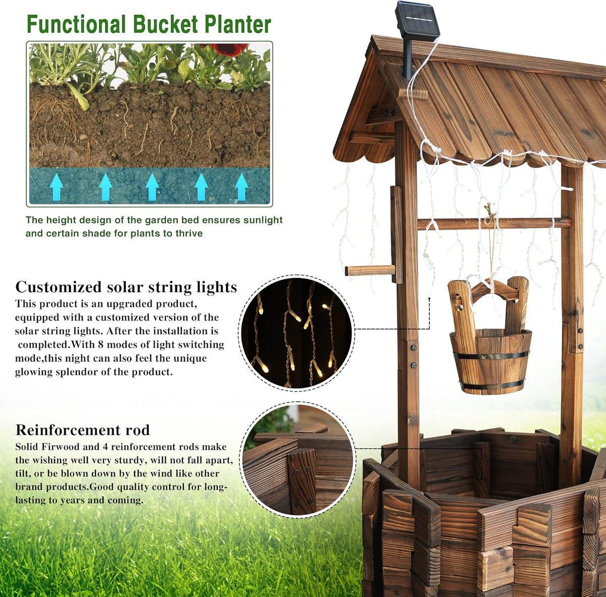 Garden Wooden Decor Rustic Wishing Well with Light Planter Outdoor Home Décor for Patio, Upgrade