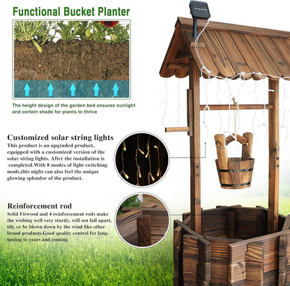 Garden Wooden Decor Rustic Wishing Well with Light Planter Outdoor Home Décor for Patio, Upgrade
