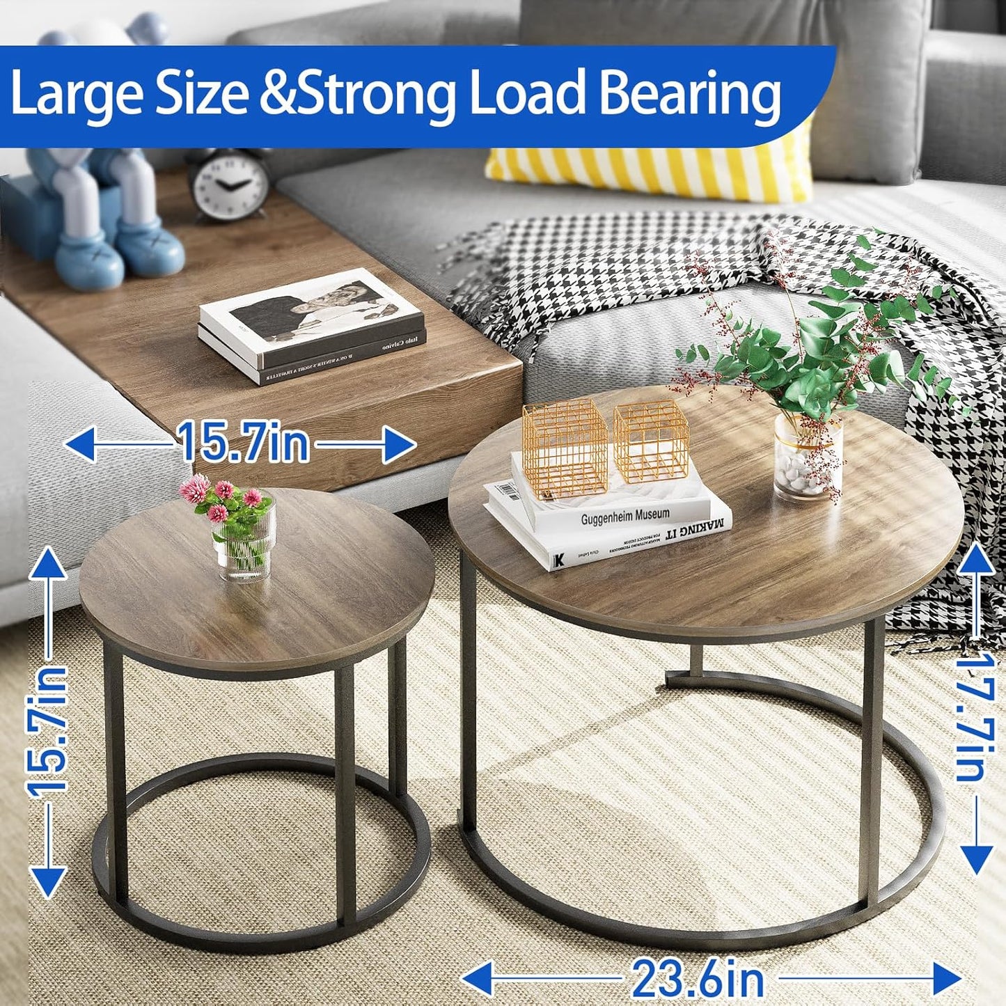 aboxoo Coffee Table Nesting Side Round Table Set of 2 End Table with Sturdy Metal Frame for Living