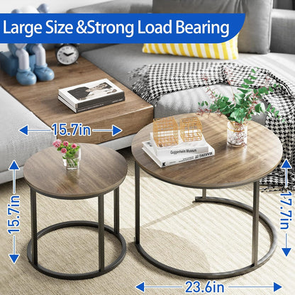 aboxoo Coffee Table Nesting Side Round Table Set of 2 End Table with Sturdy Metal Frame for Living