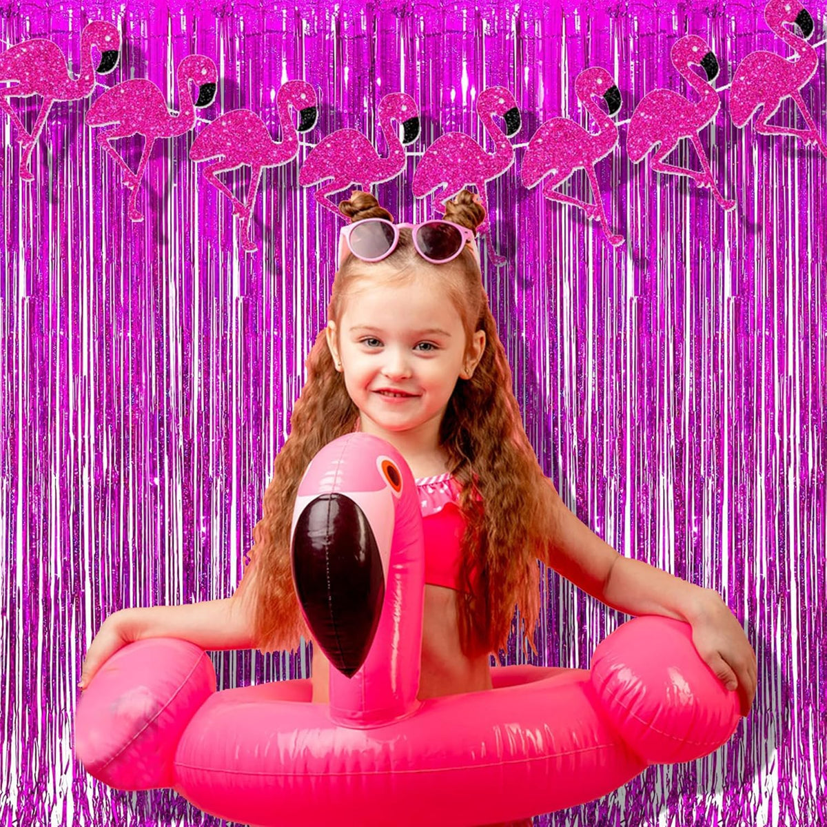 BRAVESHINE Hot Pink Tinsel Foil Fringe Curtains - 2Pcs 3.2x8.2ft Metallic Party Streamers Backdrop