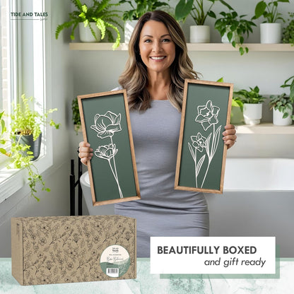 3D Floral Green Wall Art (Set of 2) Lightweight, Wooden Ready-to-Hang Boho Framed Wall Art for