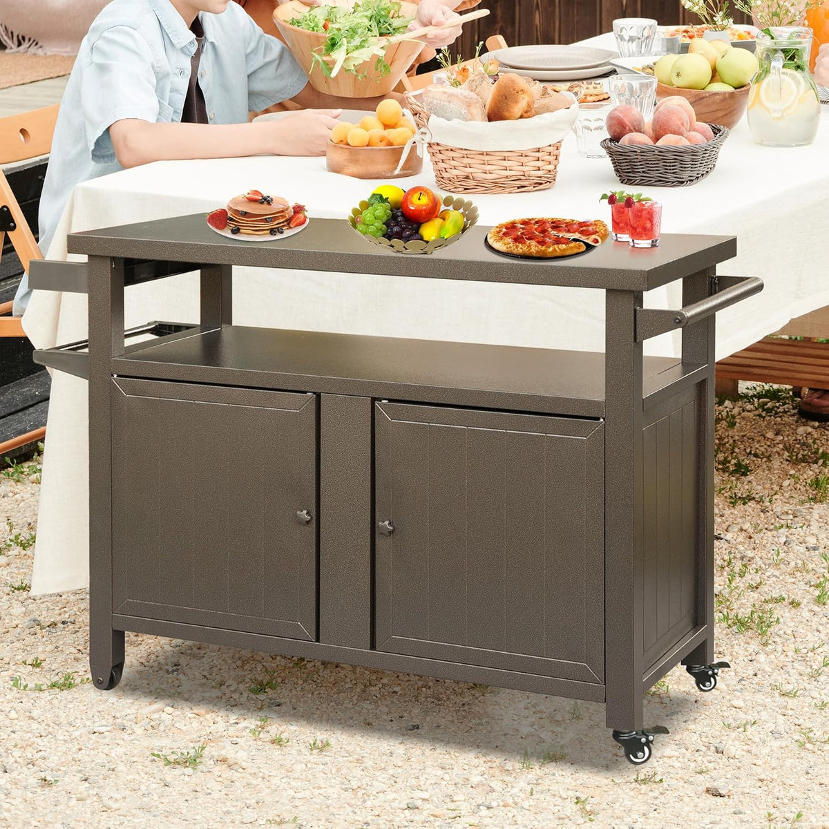 Domi Grill Carts Outdoor Storage Cabinet with Wheels, Metal Outdoor Grill Kitchen Table Dining