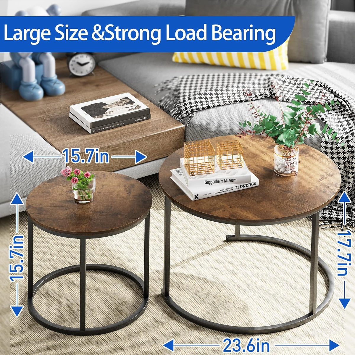 aboxoo Coffee Table Nesting Round Table Set of 2 Side Table with Sturdy Metal Frame for Living Room