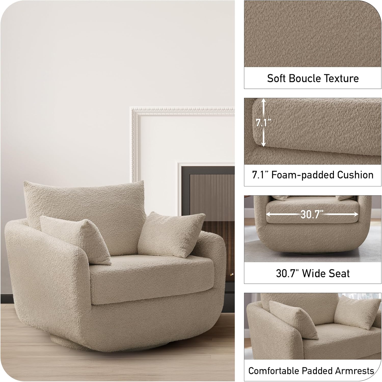 360° Swivel Accent Armchair, 39.3" Oversized, Sherpa Boucle Fabric Sofa Chair with Removable Back &