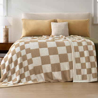 Joiedomi Twin Blanket for Couch Bed, Checkered Knitted Blankets Gifts for Women Mom Girls, Cozy