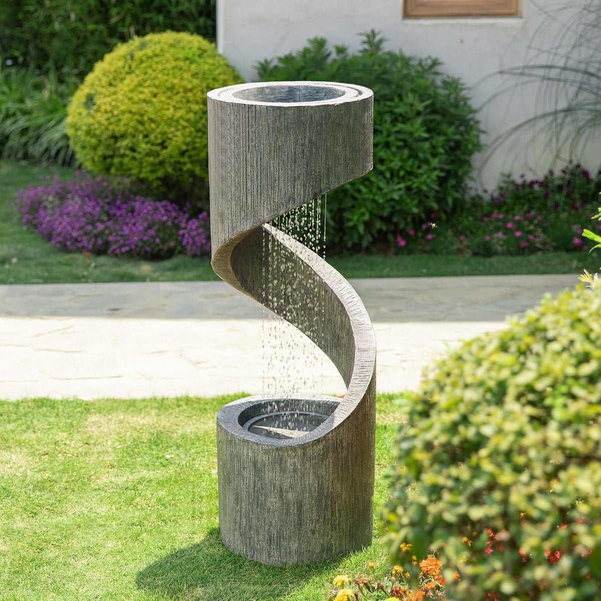 Glitzhome Tiered Outdoor Water Fountain with LED Light, Modern Spiral Outdoor Fountain with Stone