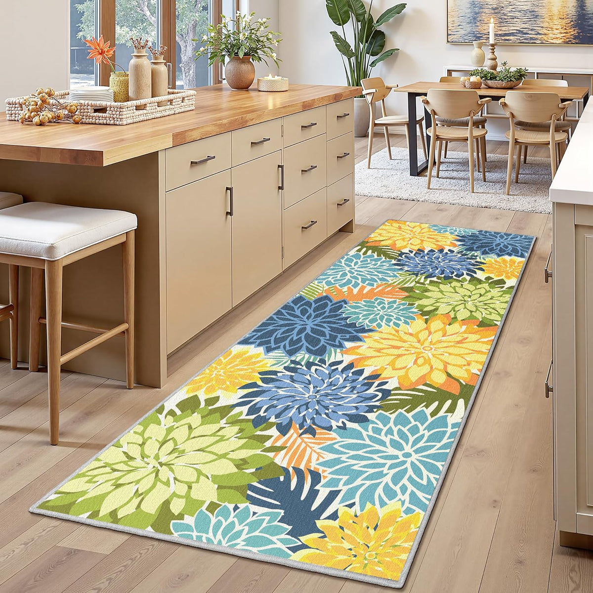 Area Rug 2x6 Yellow Green Washable Entry Rug Multicolored Tropical Botanical Modern Floral Indoor