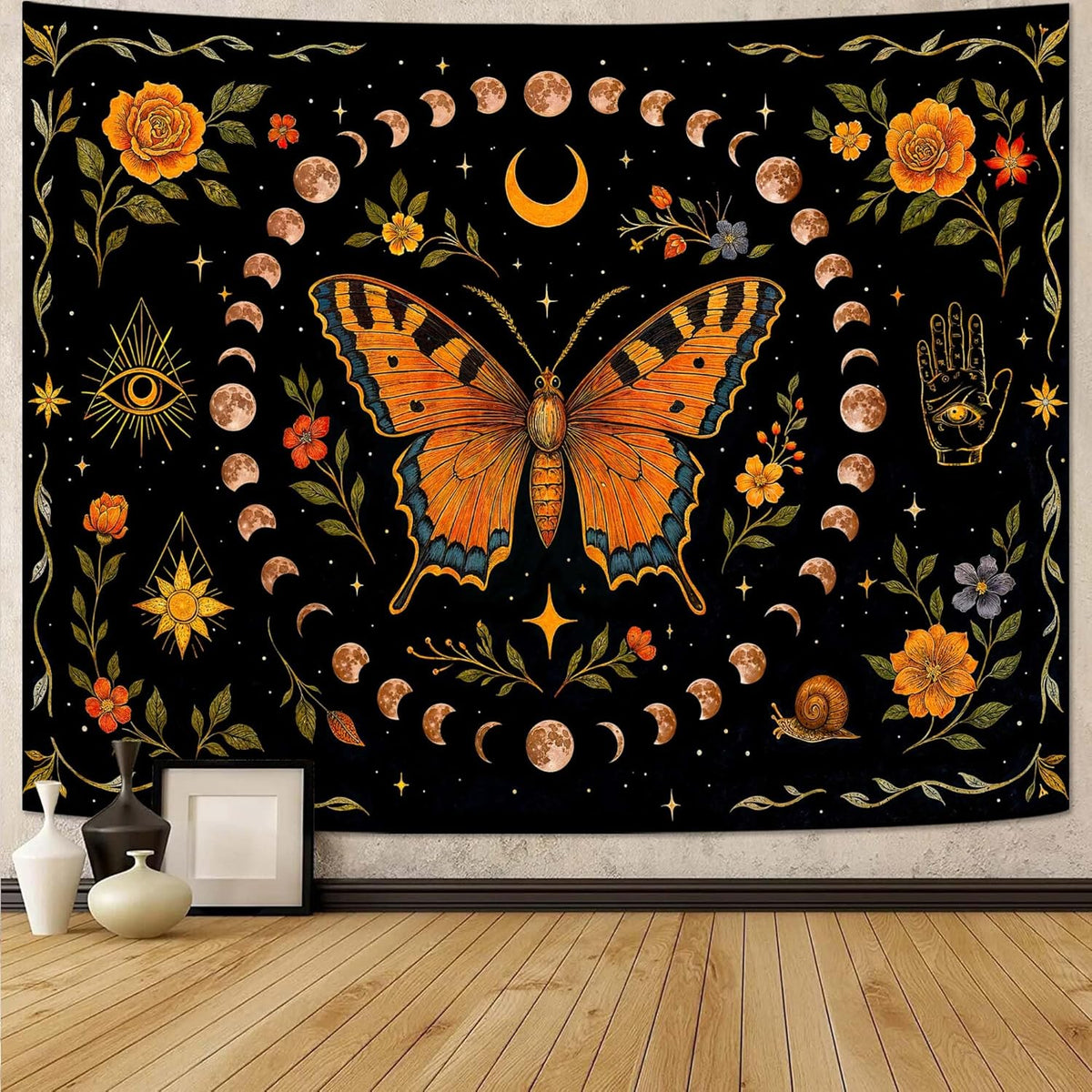 Lunerfex Moon Phase Butterfly Floral Wall Tapestry, Celestial Botanical Tapestries for Room Decor