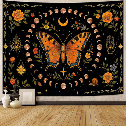 Lunerfex Moon Phase Butterfly Floral Wall Tapestry, Celestial Botanical Tapestries for Room Decor