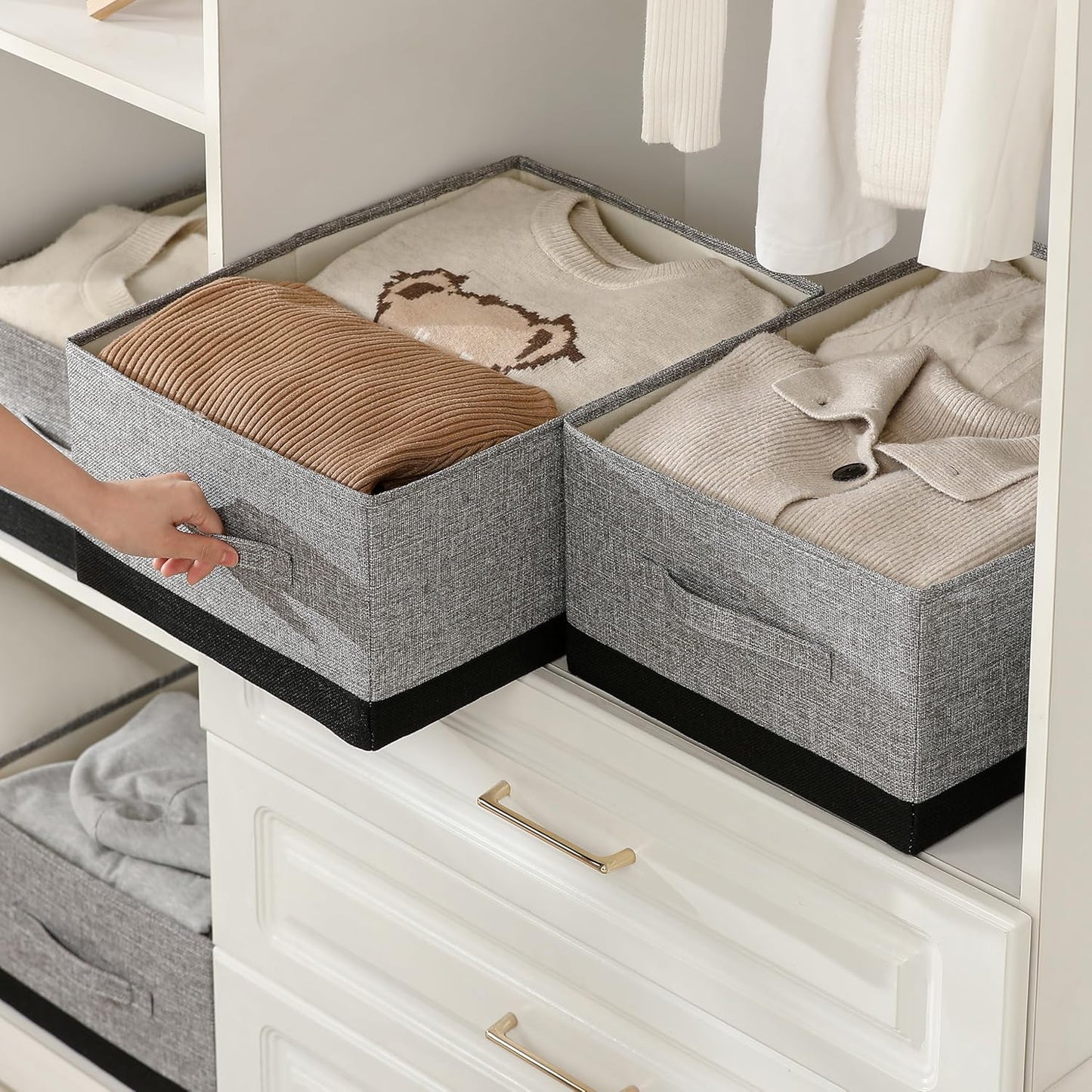 Linen Folding Storage Bins, 3 Pack Large Storage Baskets, Washable, Clothing Storage Bins with