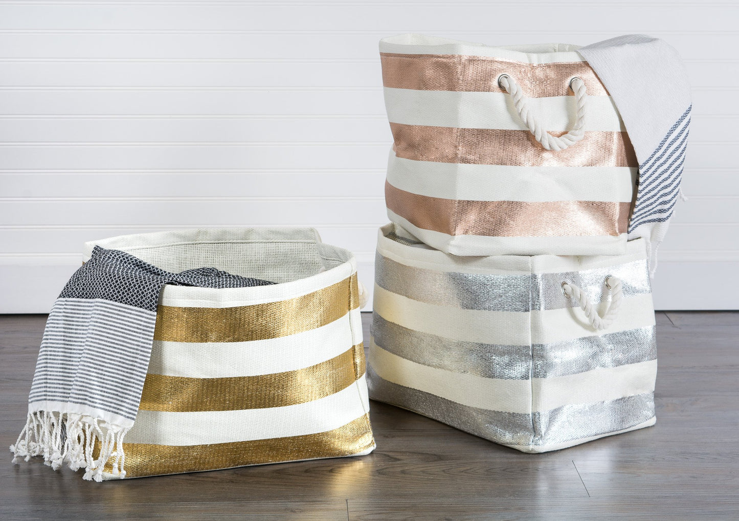 DII Durable Woven Striped Storage Bin Collapsible with Soft Rope Handles Reinforced with Metal