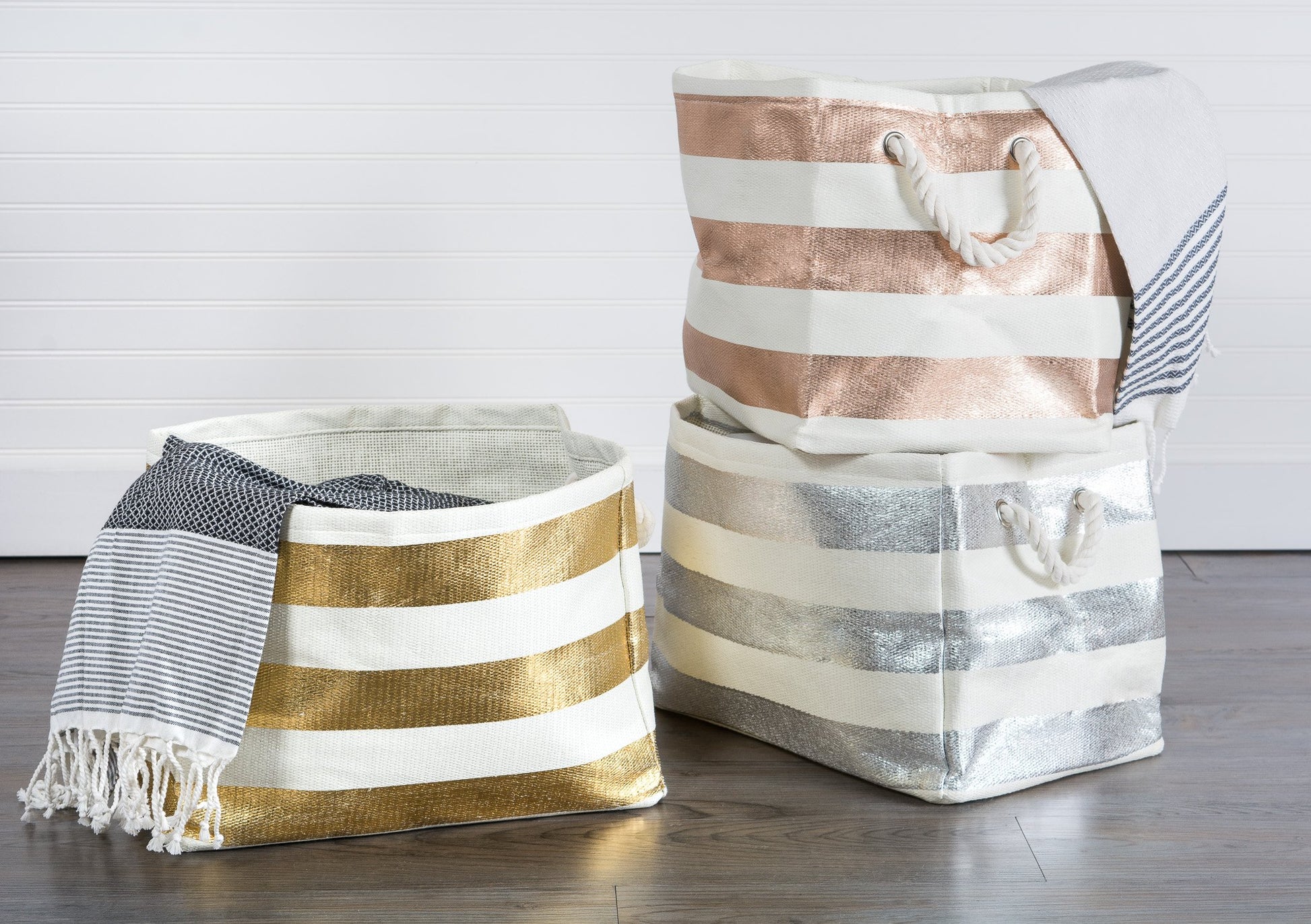 DII Durable Woven Striped Storage Bin Collapsible with Soft Rope Handles Reinforced with Metal