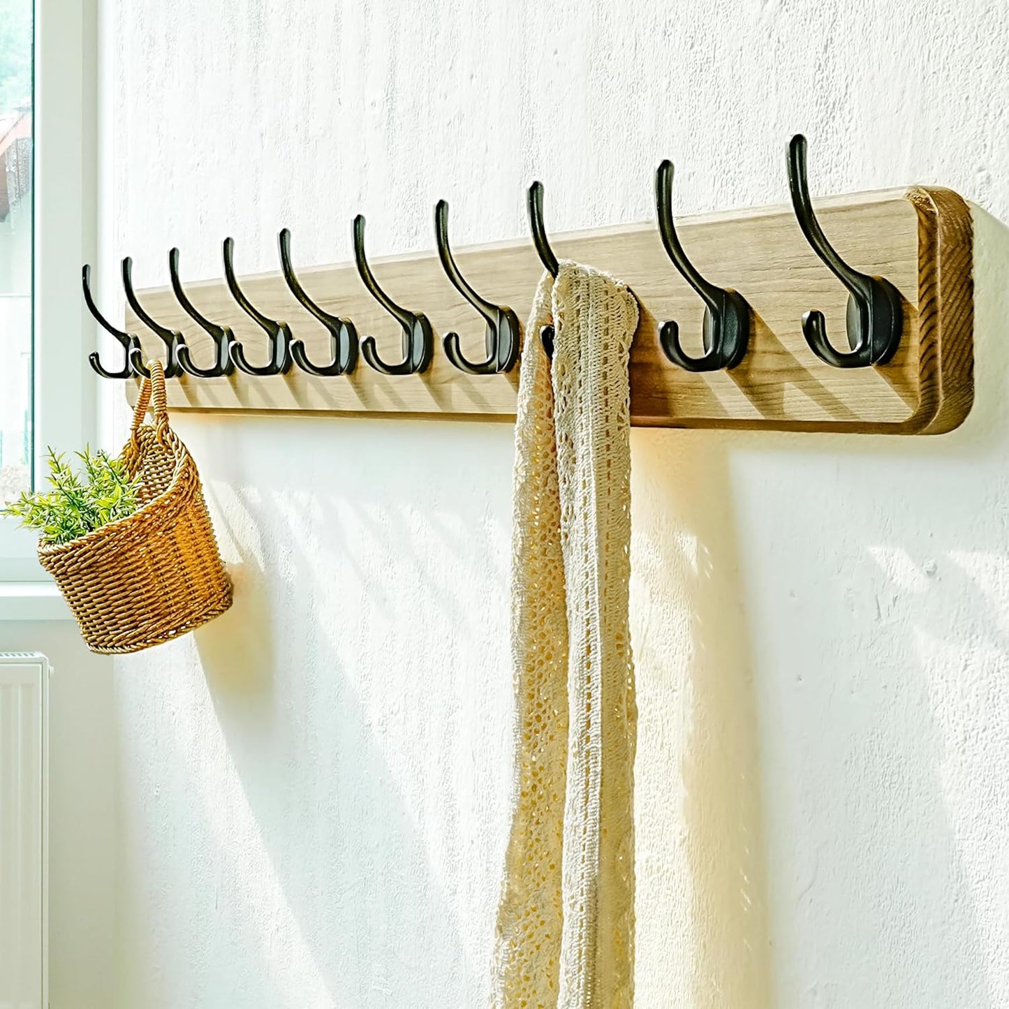 Dseap Coat Rack Wall: 38-1/4" Long, Patented, Heavy-Duty, 10-Double-Hooks Wooden Wall Mounted Coat