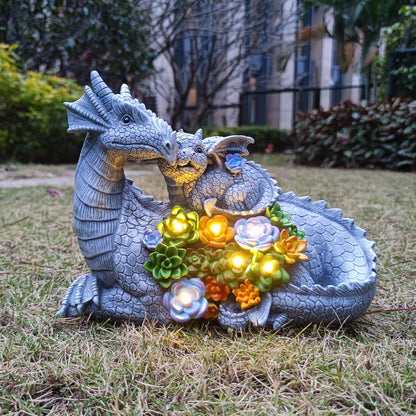 Solar Dragon Statue with LED Lights, Dargon Lover Gifts with Succulent and 6 LED Lights for