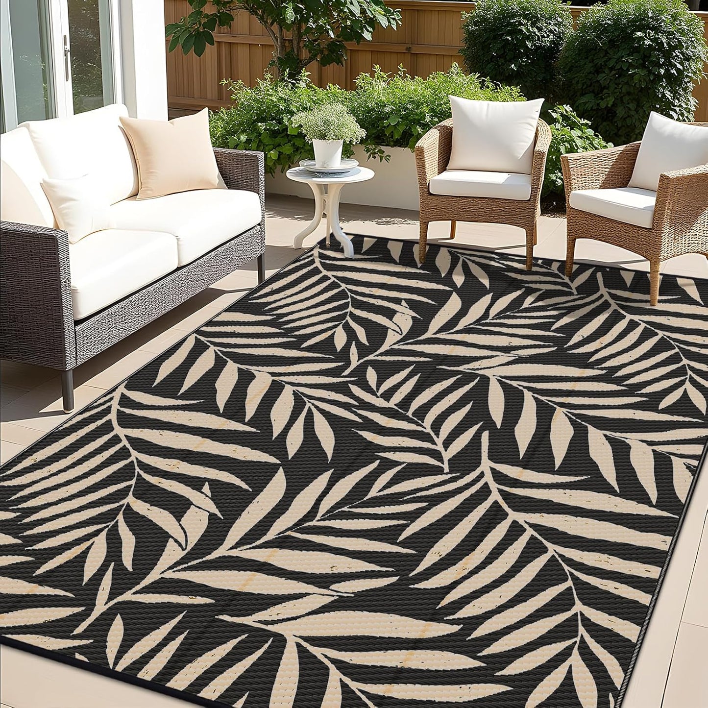 OLANLY Waterproof Outdoor Rug 9x12 ft, Reversible Outdoor Plastic Straw Rug with Leaf Pattern, RV