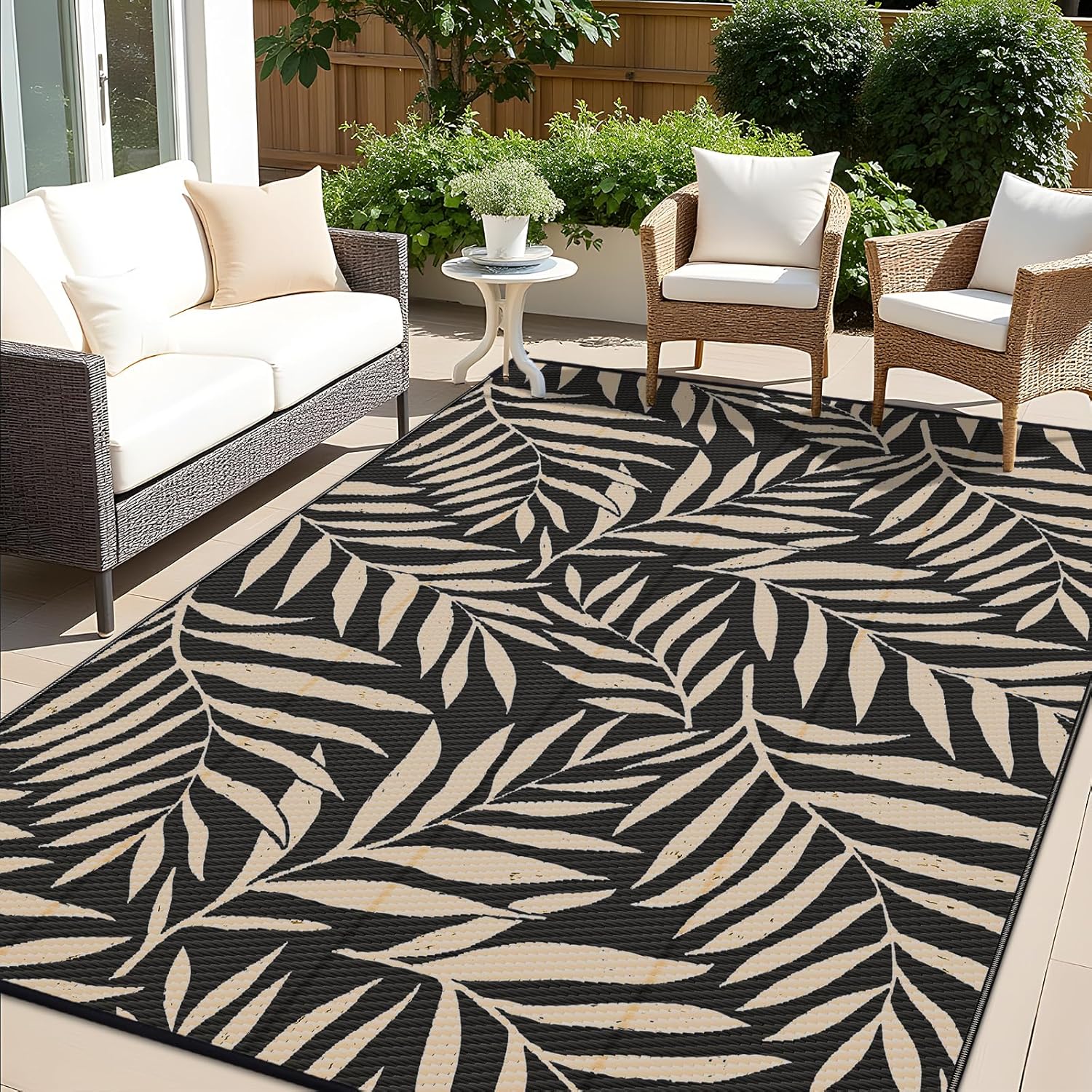 OLANLY Waterproof Outdoor Rug 9x12 ft, Reversible Outdoor Plastic Straw Rug with Leaf Pattern, RV