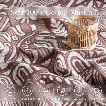 Boho Throw Blanket Full Size, Extra Large Soft Cozy Cotton Muslin Quilt Blanket for Bed Decor