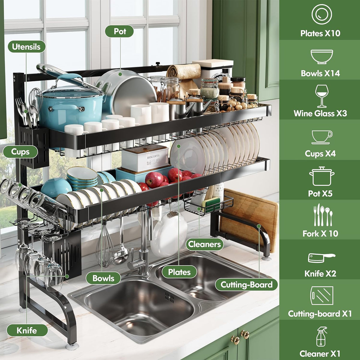 3 Tier Extra Large Stainless Steel Expandable Over The Sink Dish Drainer Drying Rack, Rust Proof