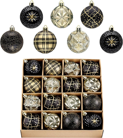 Valery Madelyn Ornaments for Christmas Trees, 16ct 2.36 Inches Black and Gold Shatterproof