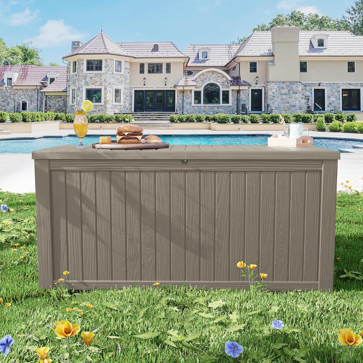 200 Gallon Outdoor Storage Box Waterproof Lockable Resin Deck Box Large, Patio Storage Bin for Pool