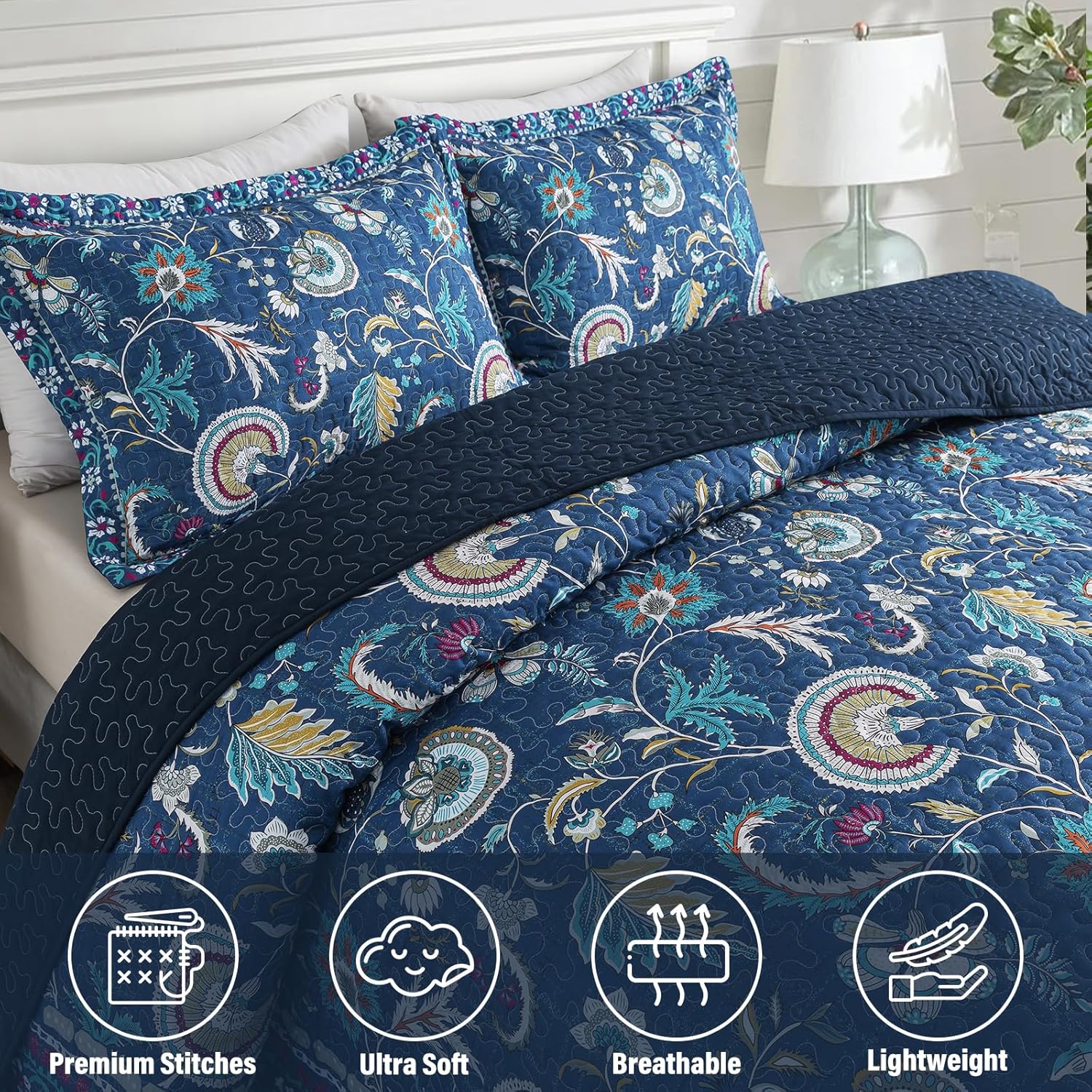 NEWLAKE Quilt Set Queen Size, Bedspread Sets Blue Botanical Floral Patterns, Reversible Quilt