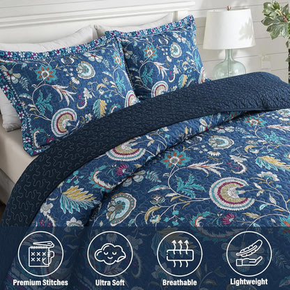 NEWLAKE Quilt Set Queen Size, Bedspread Sets Blue Botanical Floral Patterns, Reversible Quilt