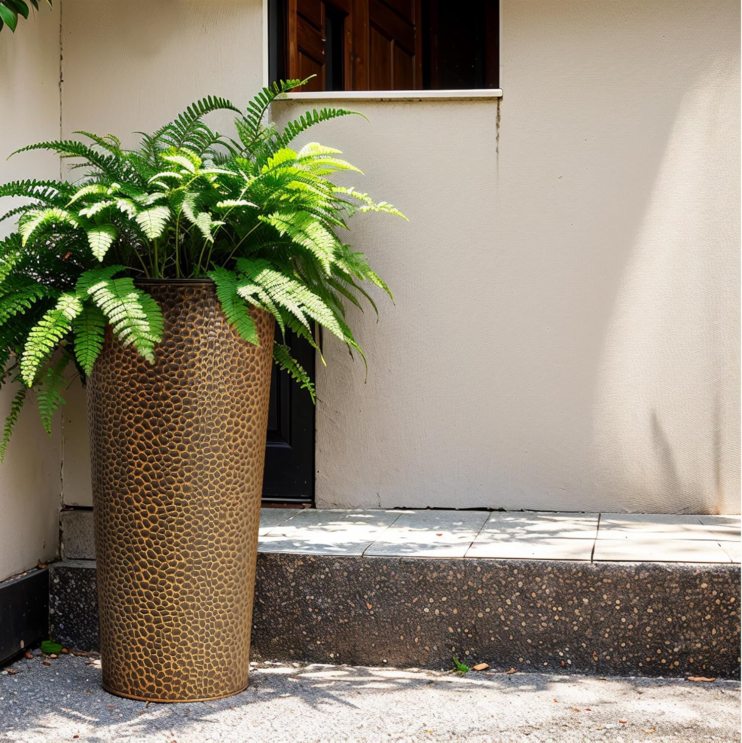 KOL 25" H. Metal Hand-Hammered Planters with Inner Pots 2-Pack, Bronze Decor Planter for Deck