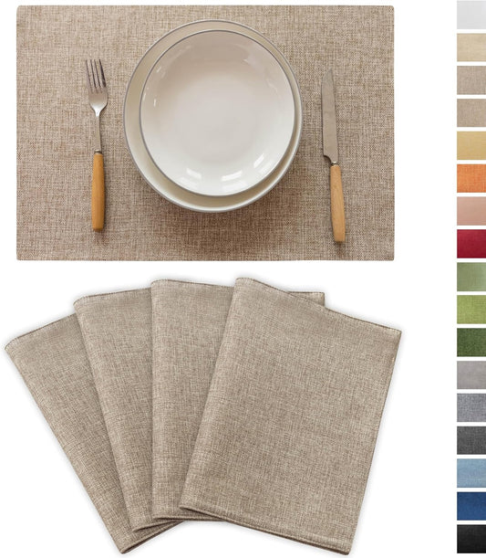 Demetex Linen Placemats Set of 4 Heat Resistant Wipeable Cloth Table Place Mats for Dining Table